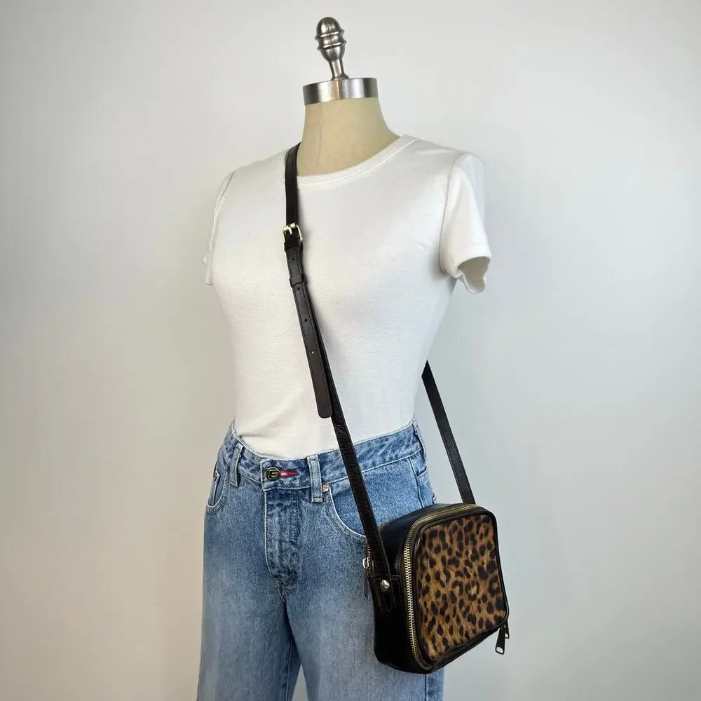 Patricia Nash Leopard Haircalf Rimini Double Zip Box Crossbody Bag